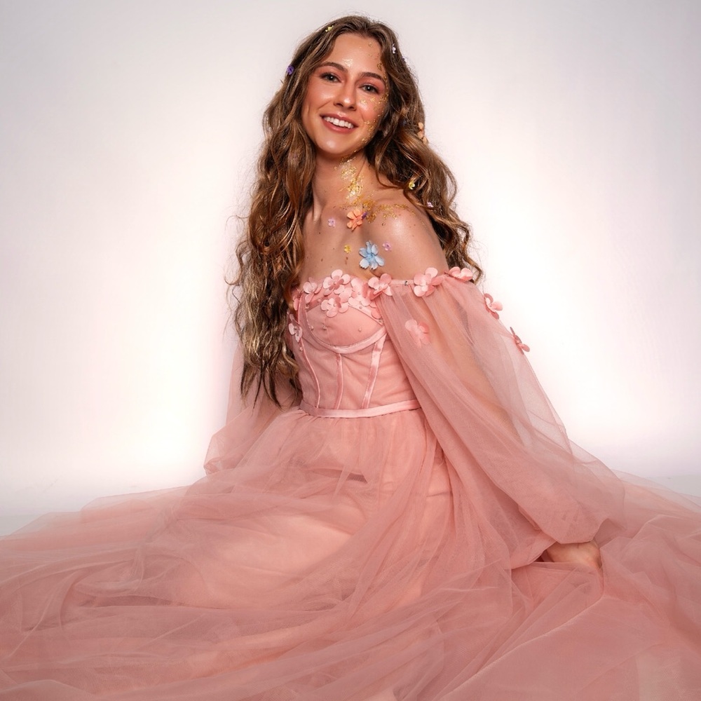 Dusty Rose Puff sleeve Ball Gown with Built In Corset
